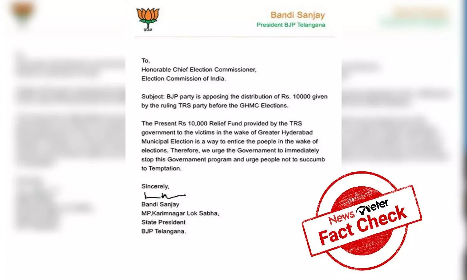 Fact check: No, Bandi Sanjay has not written to EC for stopping relief to Hyderabad flood victims
