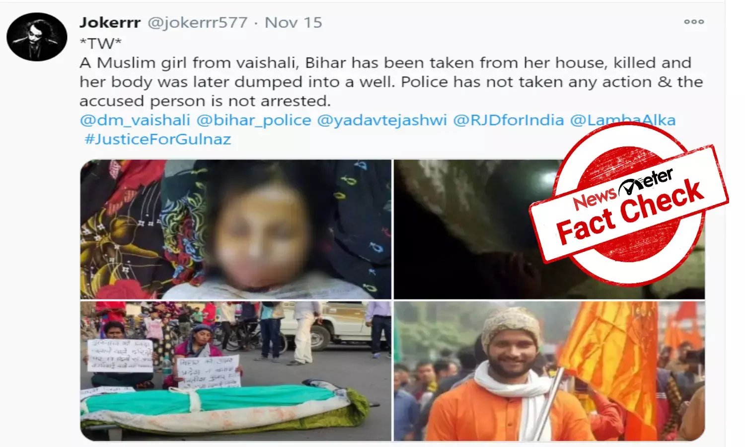 Fact Check: Old unrelated pictures of deceased girl passed off as Bihar stalking victim