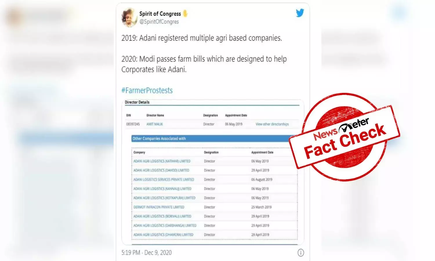 Fact Check: Adani Group did not register agricultural companies in 2019