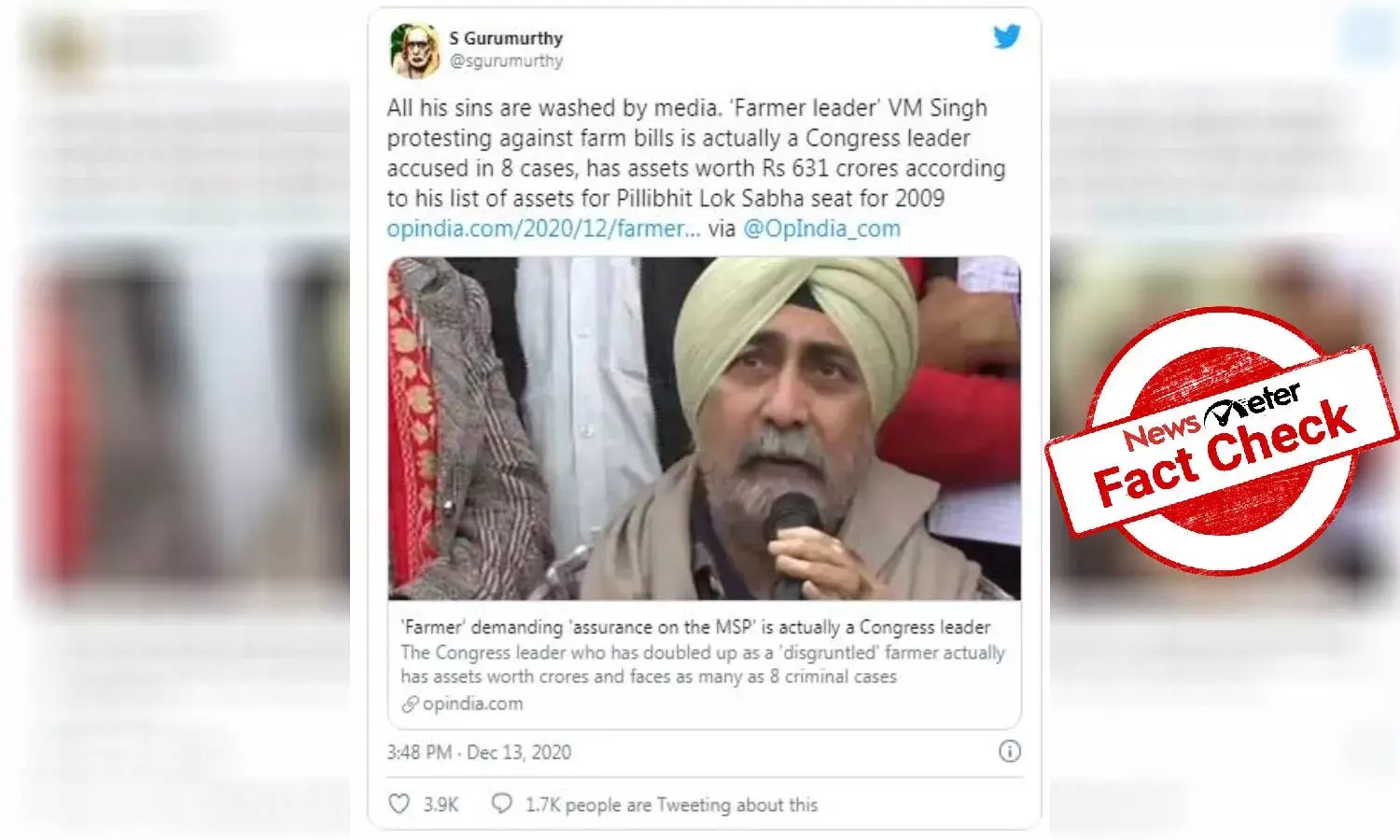 Fact check: Farmer leader VM Singh is billionaire, but not member of Congress