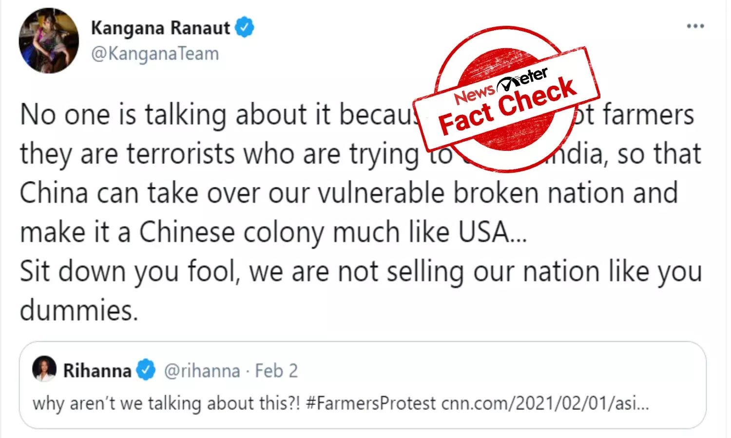 Fact Check: Rihannas tweet about Kangana is fake