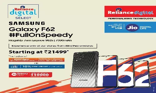 SAMSUNG GALAXY F62 TO LAUNCH OFFLINE   AT RELIANCE DIGITAL AND MY JIO STORES