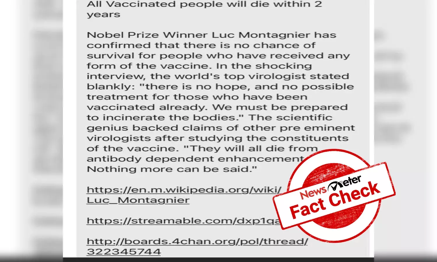Fact Check: No. Nobel Laureate did not claim that vaccinated people will die within 2 years