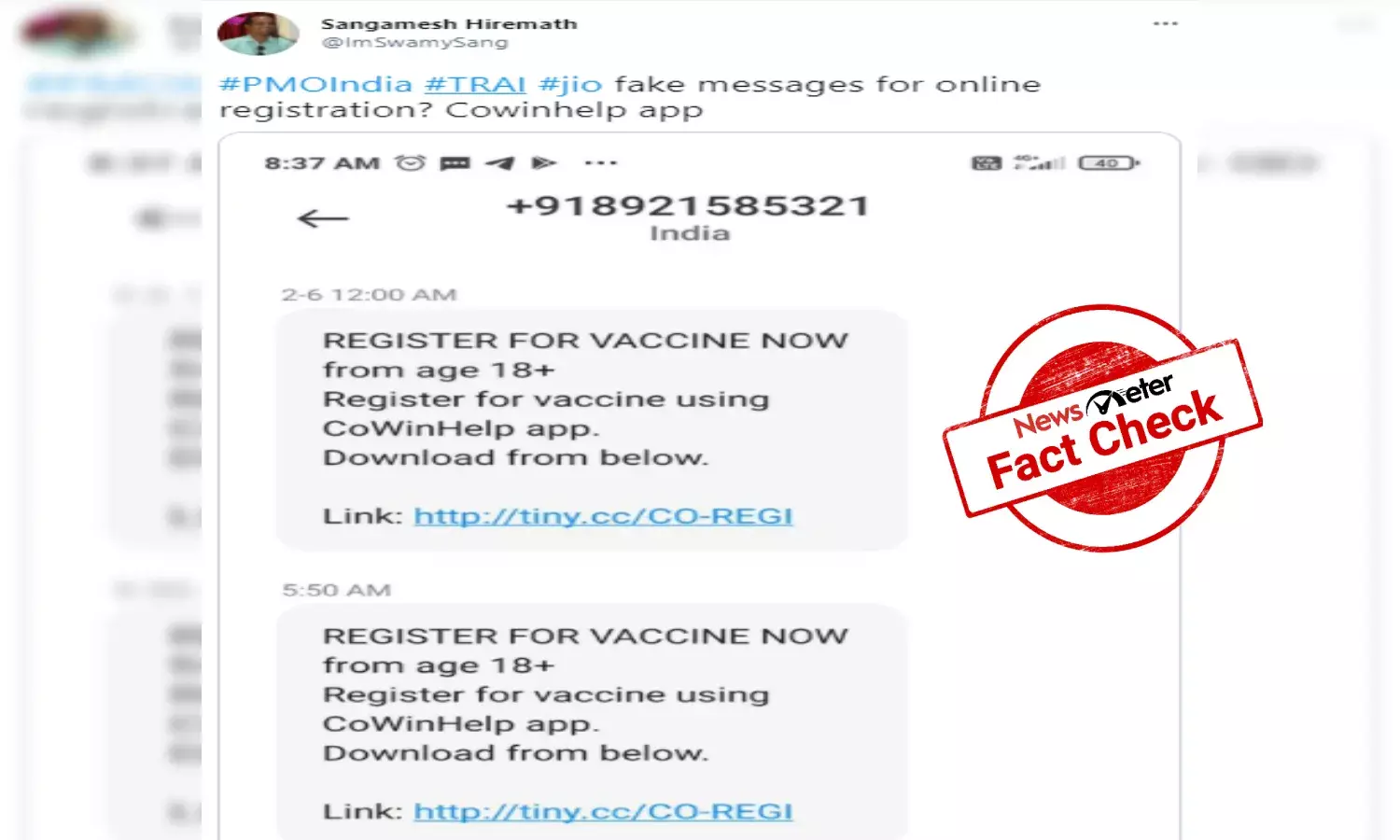 Fact Check: Message claiming people above 18 can register for vaccine through CoWINHelp is false