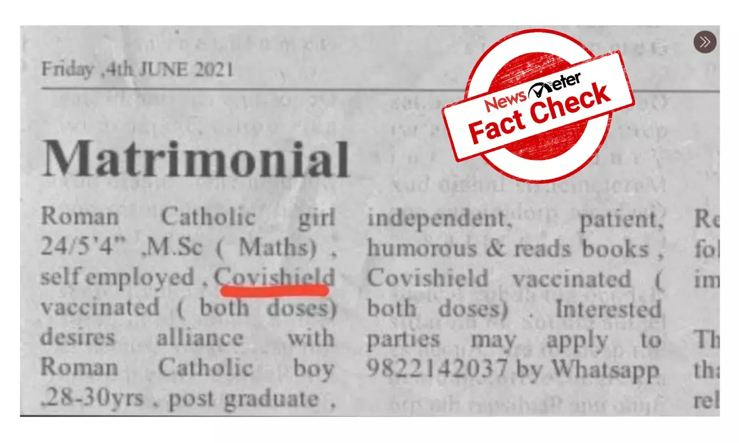FACT CHECK: Matrimonial ad for fully vaccinated groom is fake