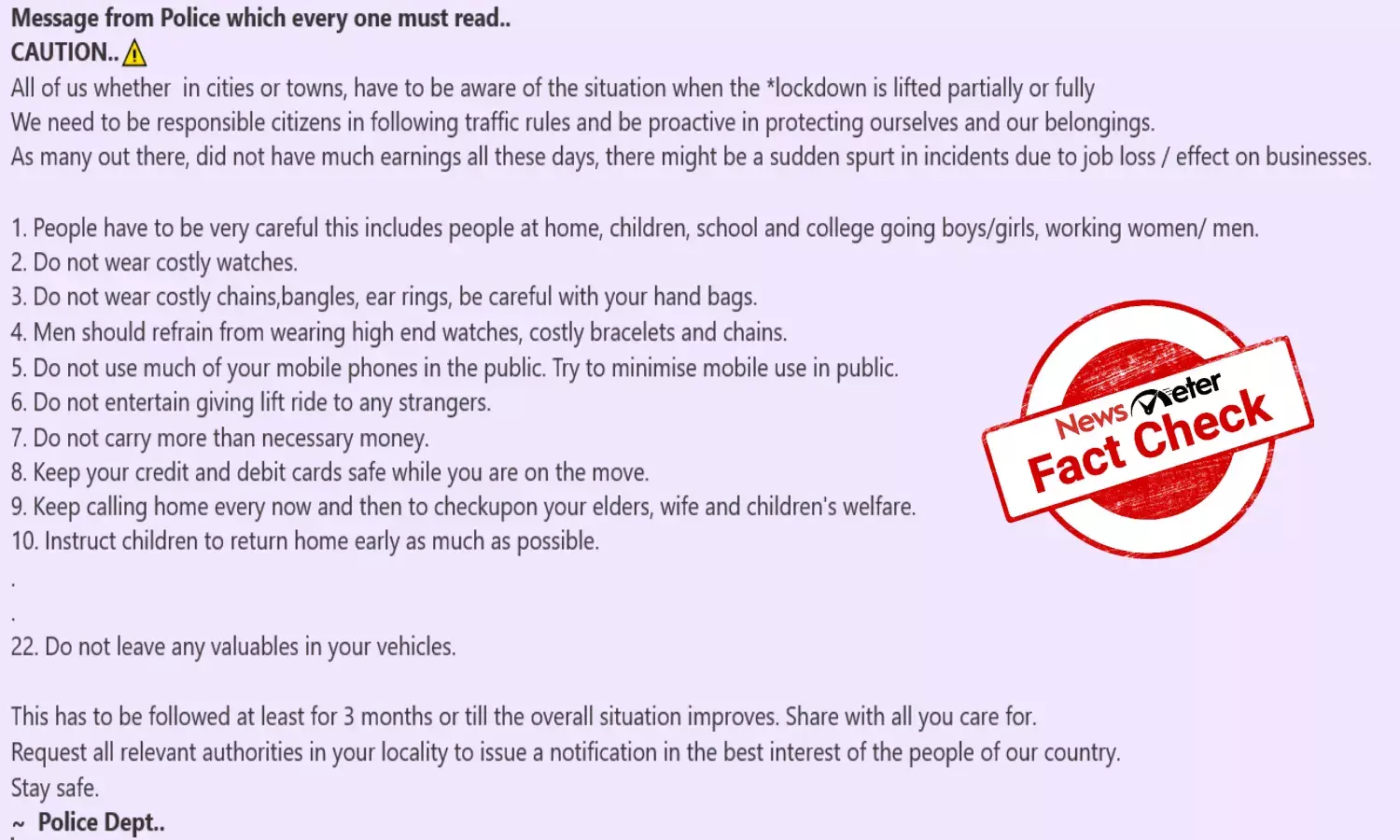 Fact Check: Viral WhatsApp forward with list of safety guidelines is not from police department