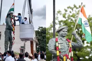 KTR unveils Galwan hero Col. Santhosh Babus statue in Suryapet KTR unveils Galwan hero Col. Santhosh Babus statue in Suryapet