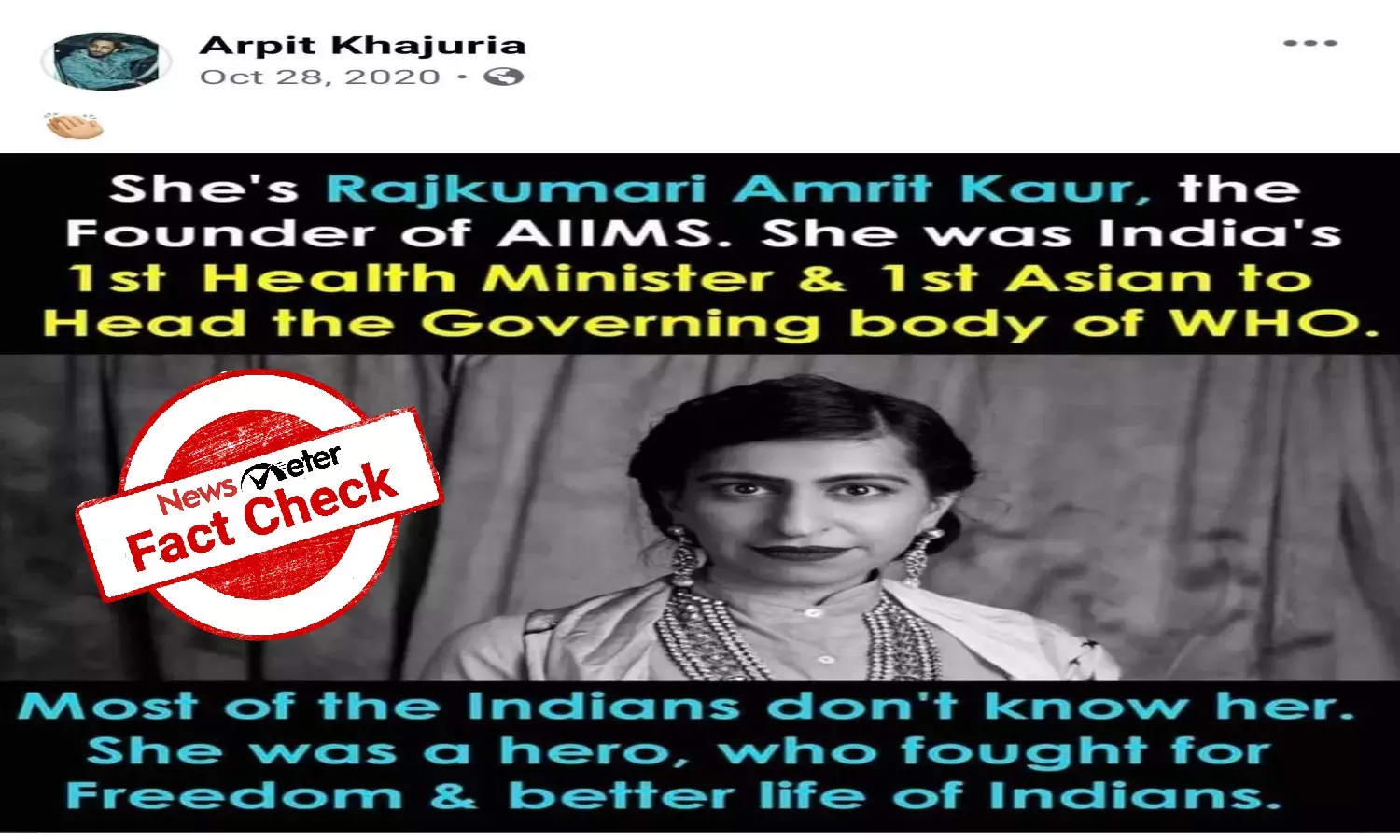 Fact Check: Writer Avantika Mehtas photo widely shared as photo of AIIMS founder Rajkumari Amrit Kaur
