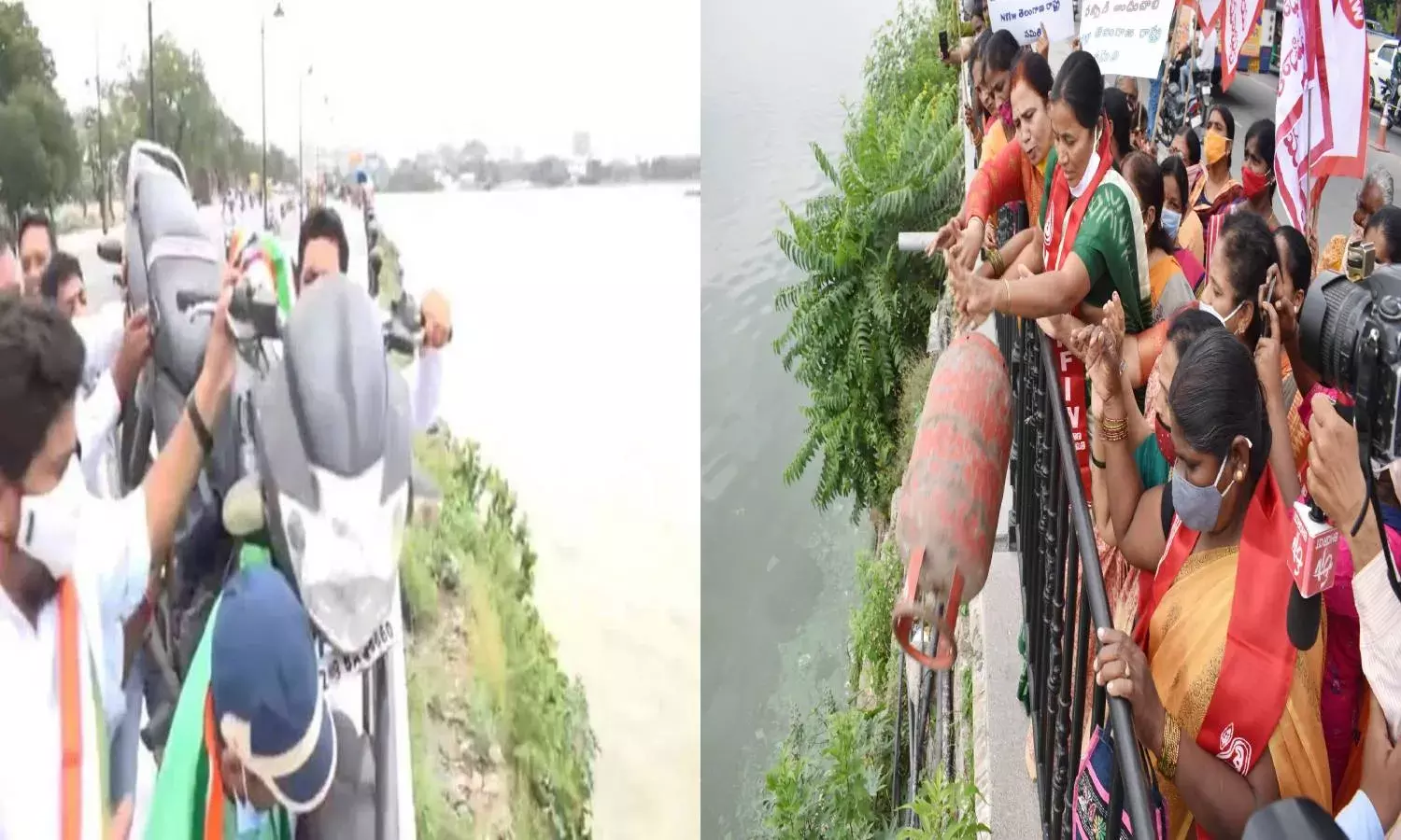 Youth Congress, CPI womens wing booked for dumping bike, cylinder into Hussain Sagar