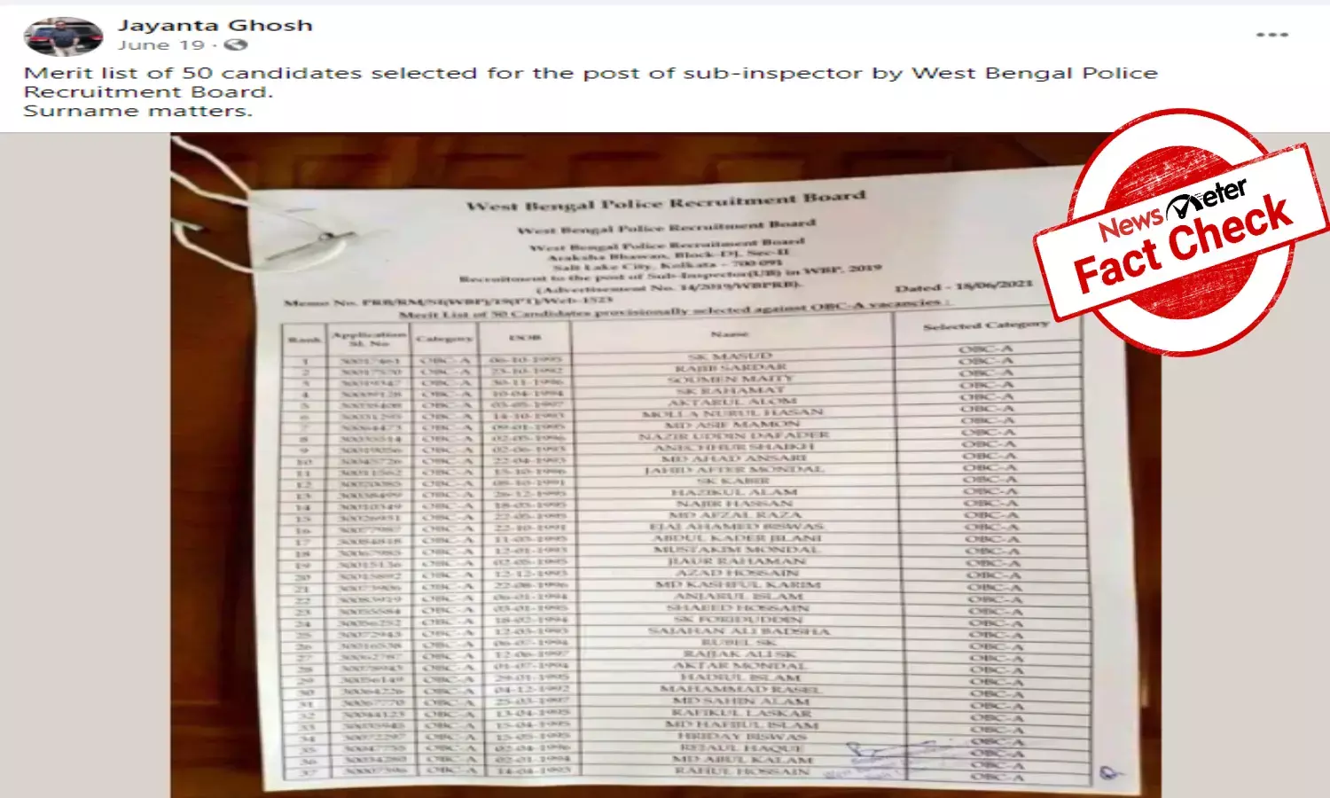 Fact check: Viral post claiming only Muslims were selected by WBPRB is MISLEADING