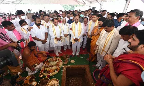 TRS now in Delhi: KCR lays foundation stone for party office