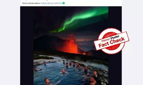 Image of people relaxing near volcanic eruptions is morphed