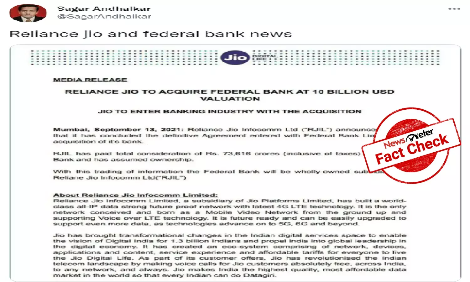 FACT CHECK: Is Reliance Jio buying Federal Bank at $ 10 billion?