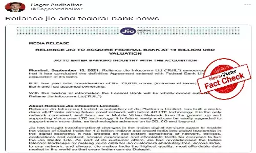 FACT CHECK: Is Reliance Jio buying Federal Bank at $ 10 billion?