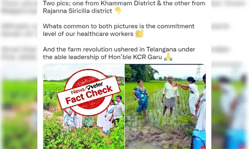 Image of healthcare workers vaccinating farmers is from AP, not Telangana