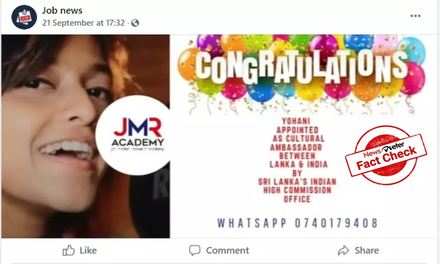 Fact Check: Did Indian High Commission appoint Sri Lankan singer Yohani as cultural ambassador?