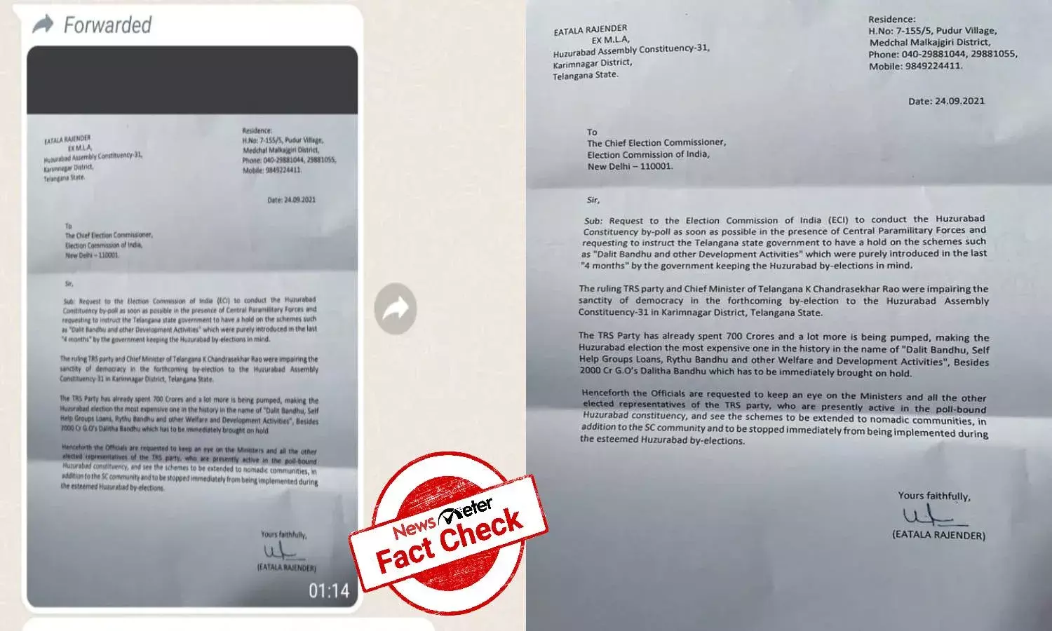 Fact Check: Eatala Rajenders letter to ECI asking to halt Dalit Bandhu in Huzurabad is fake