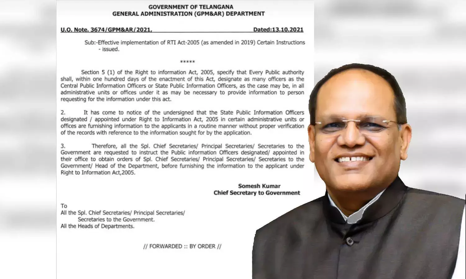 Your circular on RTI is illegal, it undermines transparency: Former CICs to CS Somesh Kumar
