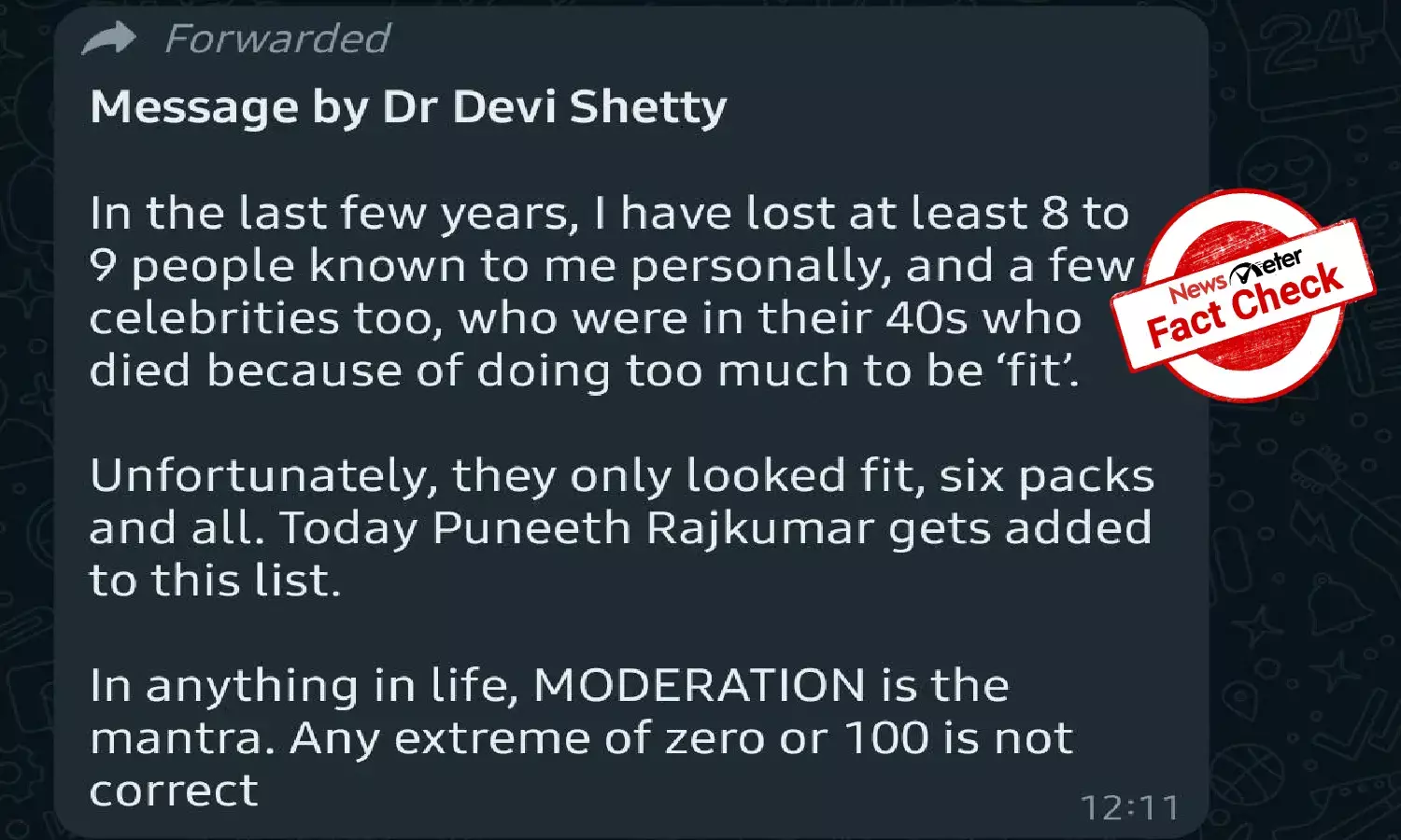 Fact Check: Viral message from Dr. Devi Shetty saying Puneeth Rajkumar died because he was too fit is hoax