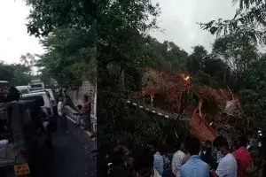 Tirumala Ghat road closed after landslides; several vehicles stranded Tirumala Ghat road closed after landslides; several vehicles stranded