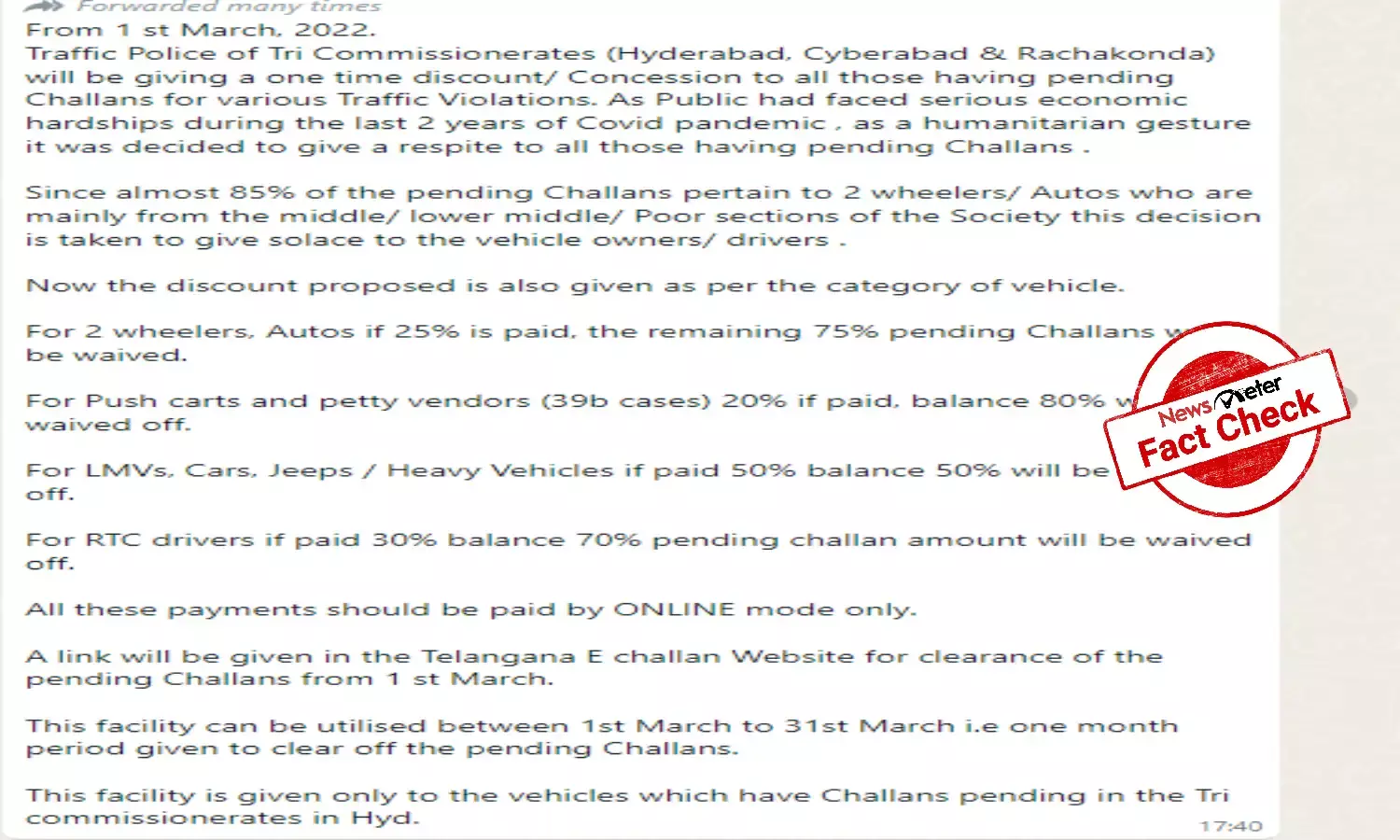 FACT CHECK: Hyderabad, Rachakonda police announce one time discount on pending traffic challans