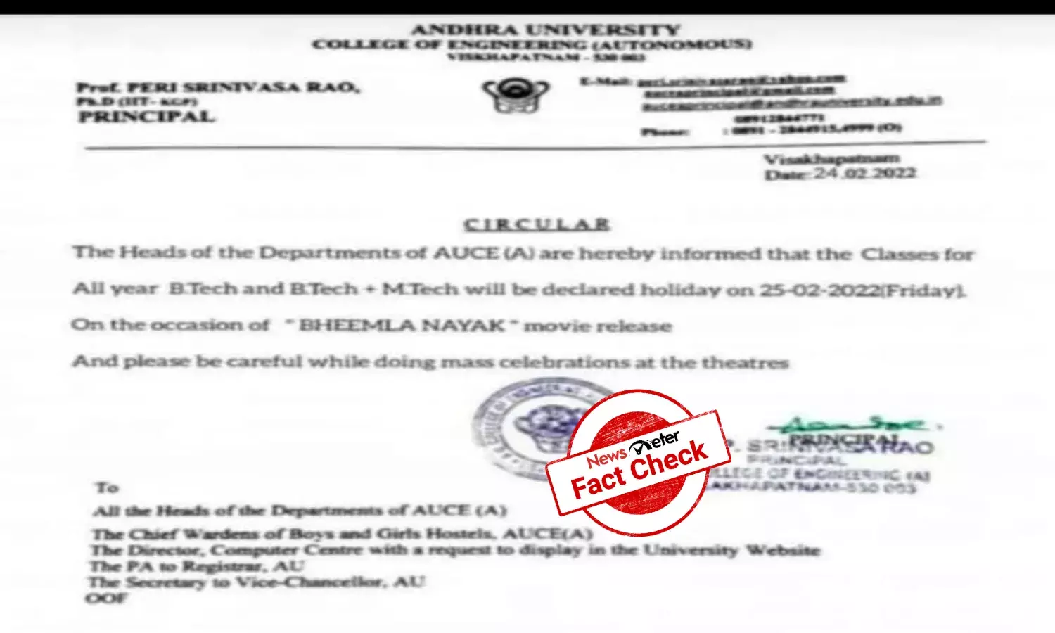 Fact Check: Andhra University College of Engineering has not declared holiday on 25 Feb over Bheemla Nayak release