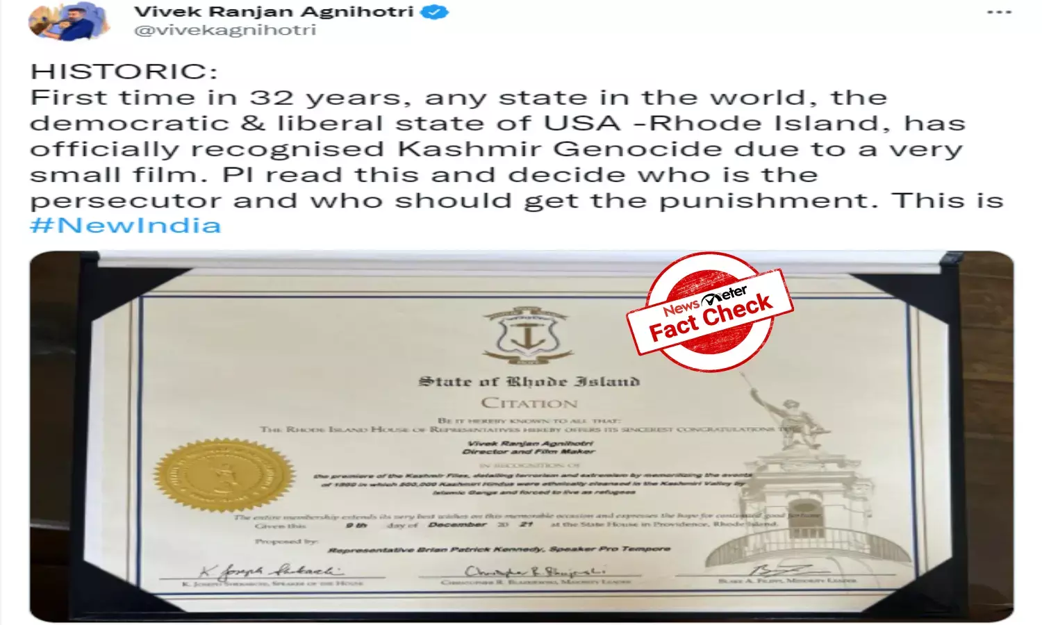 Rhode Island has not recognized Kashmir Genocide, viral claims are false