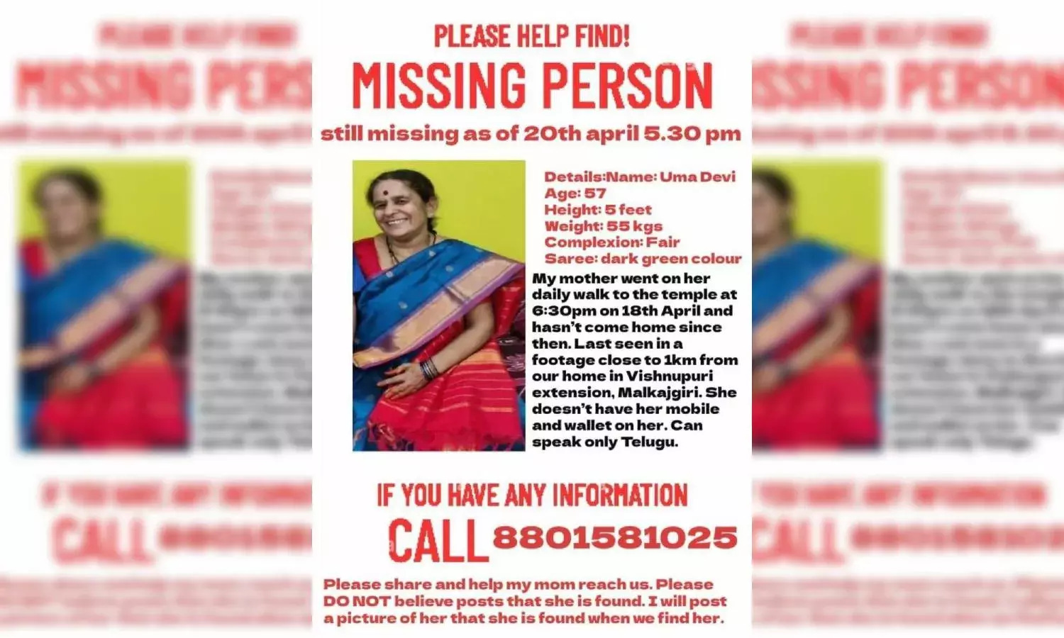 You can stop circulating her picture. She is no more: 57YO missing woman found dead