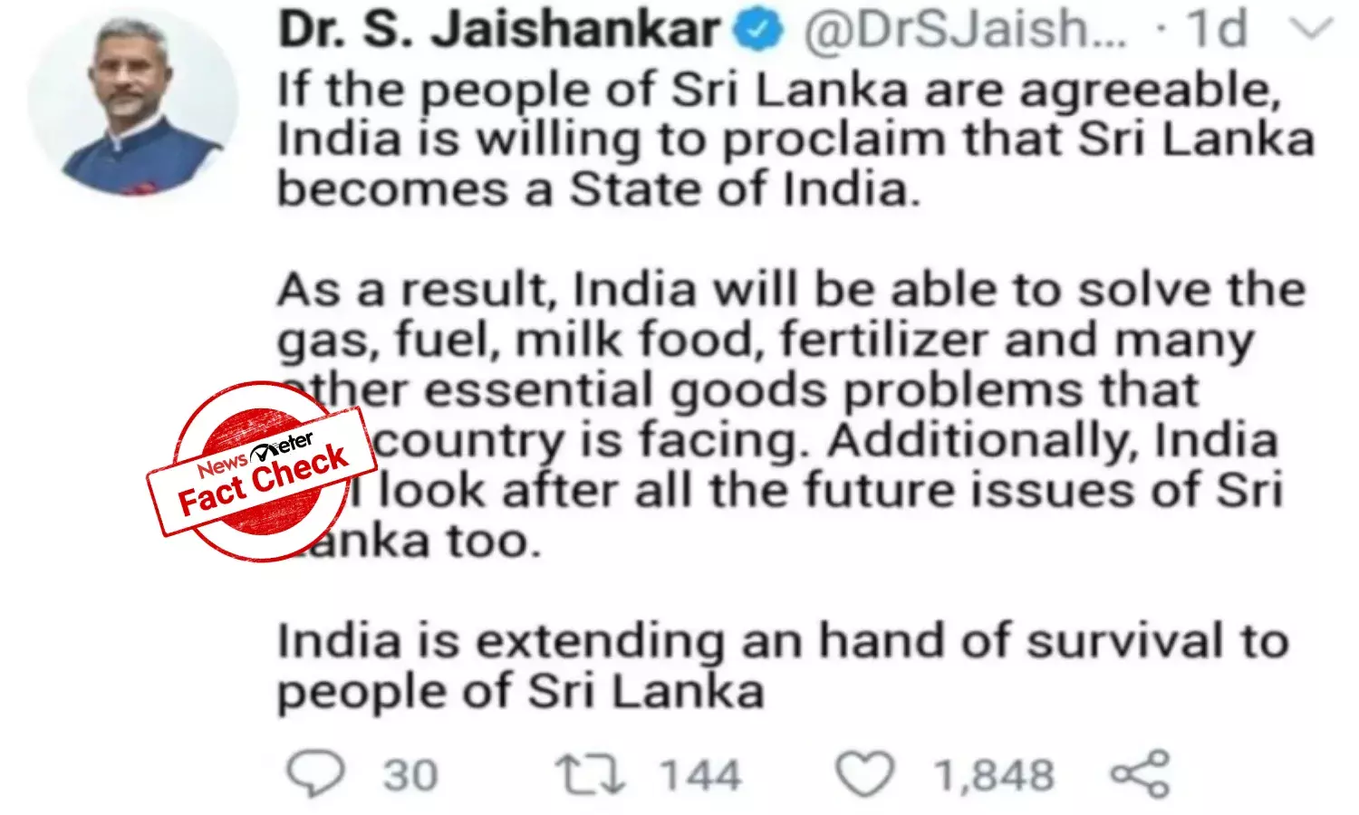 External affairs ministers tweet on Sri Lanka is fake