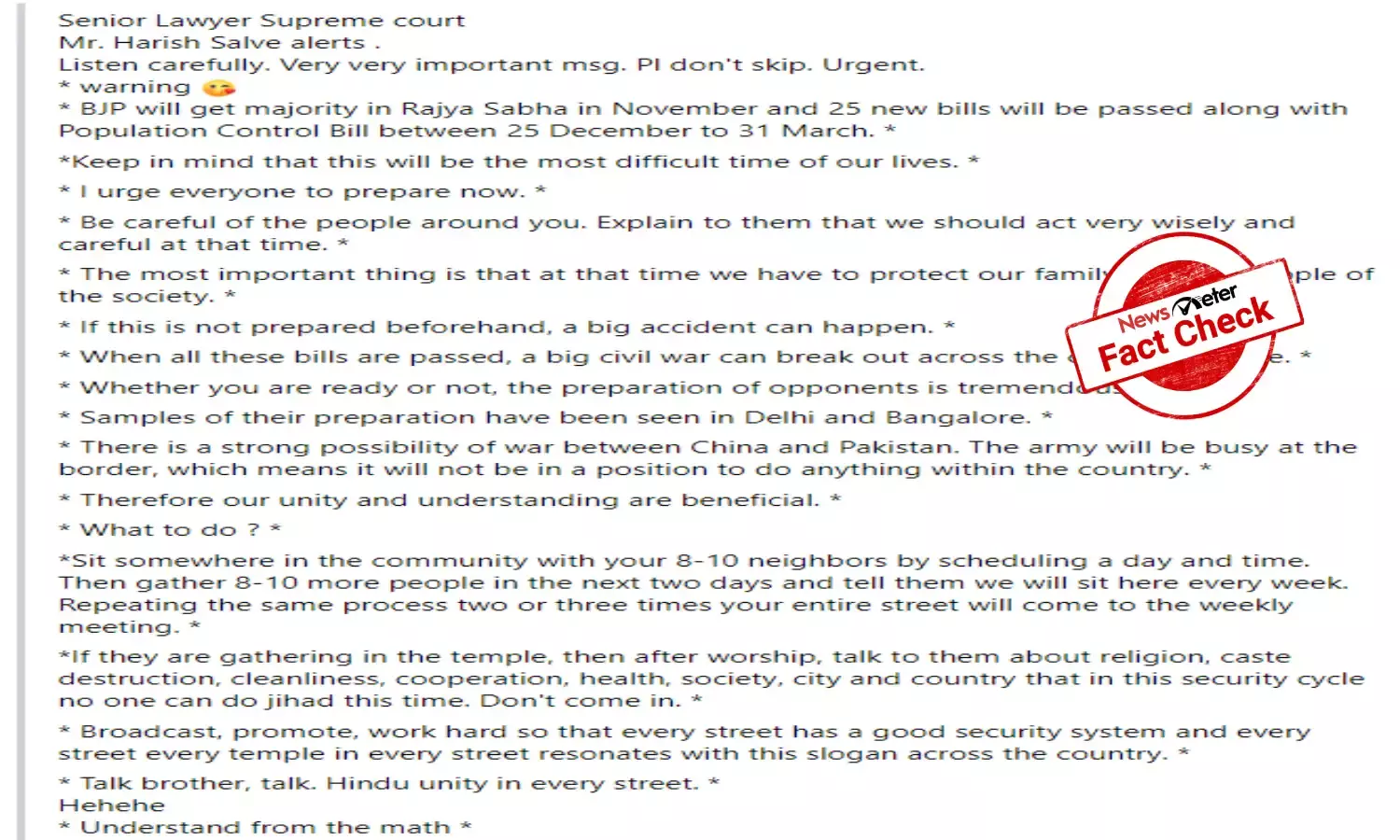 Factcheck: Fake news alert: Harish Salve has not warned of civil war