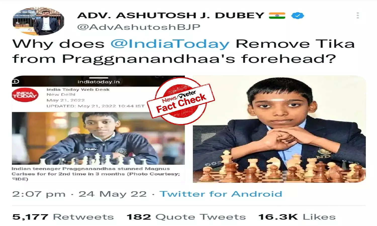 Fact Check: Did India Today photoshop vibhuti from chess prodigy Praggnanandhaas photo?