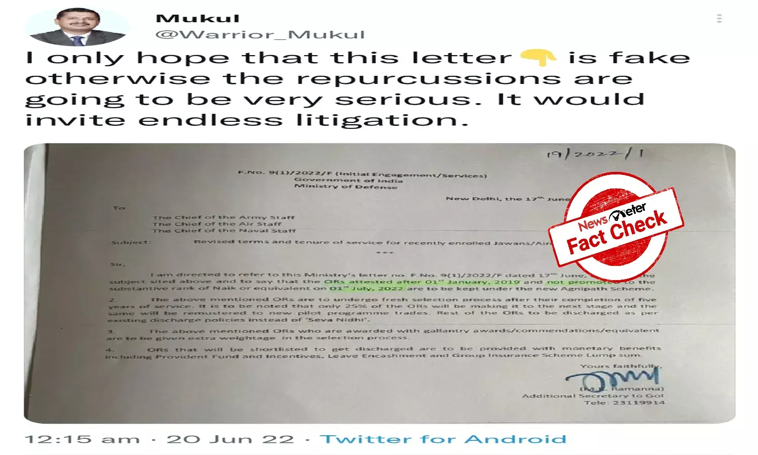 Agnipath scheme: Defence ministrys purported letter to service chiefs is fake