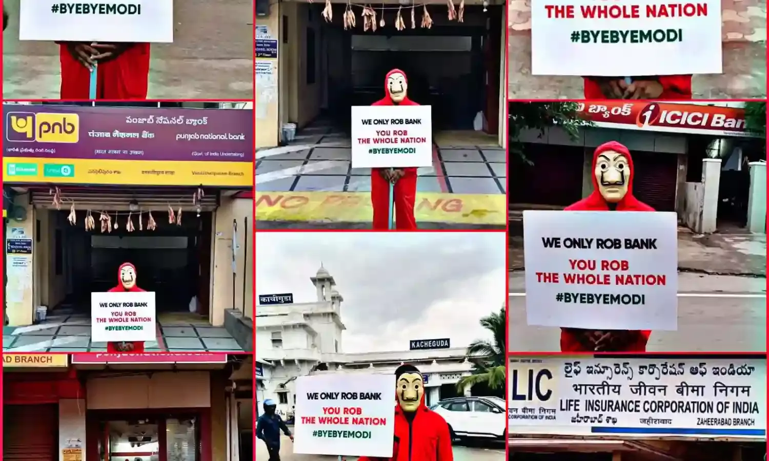 Money Heist in Hyd: Red jumpsuit-clad protestors pop up at banks, railway stations with anti-Modi placards