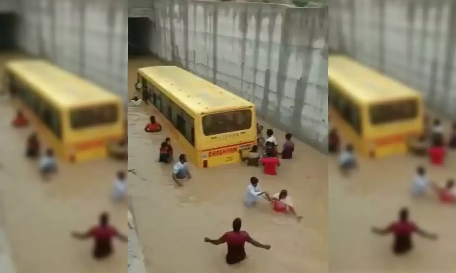 Mahbubnagar: Close call for 30 students, school bus submerged in flooded underpass