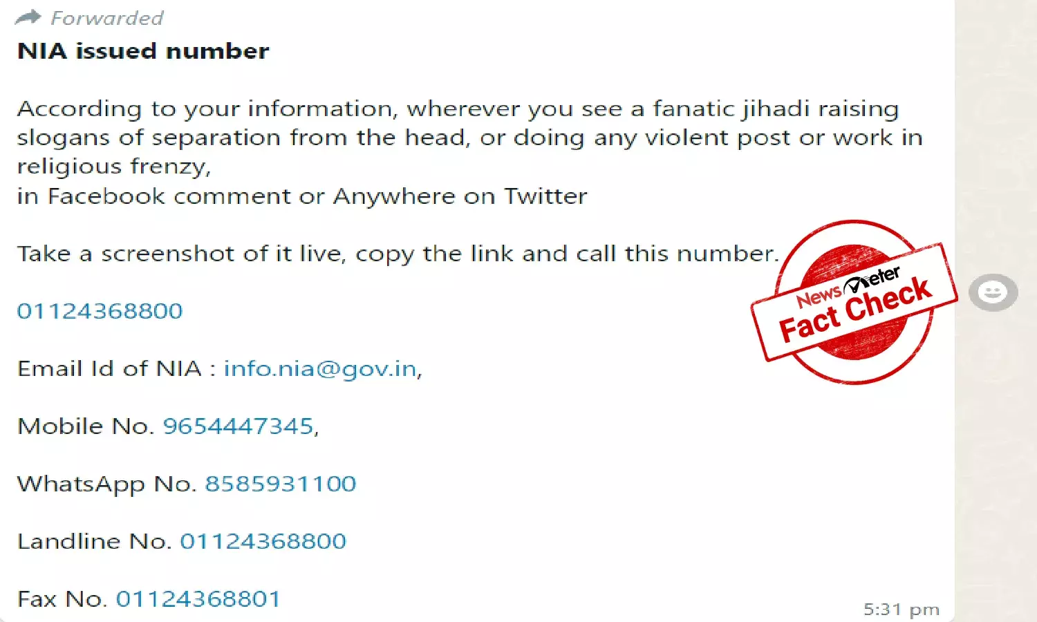 Fact Check: NIA has not launched helpline to report people supporting beheadings of Hindus