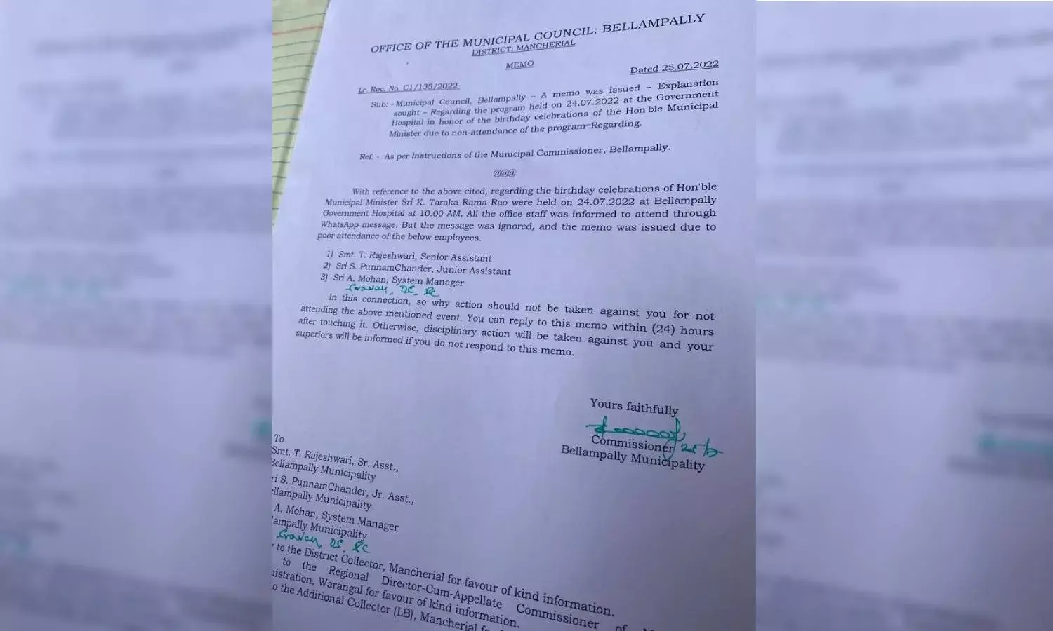 3 Bellampally municipality officials pulled up for missing KTRs birthday celebrations