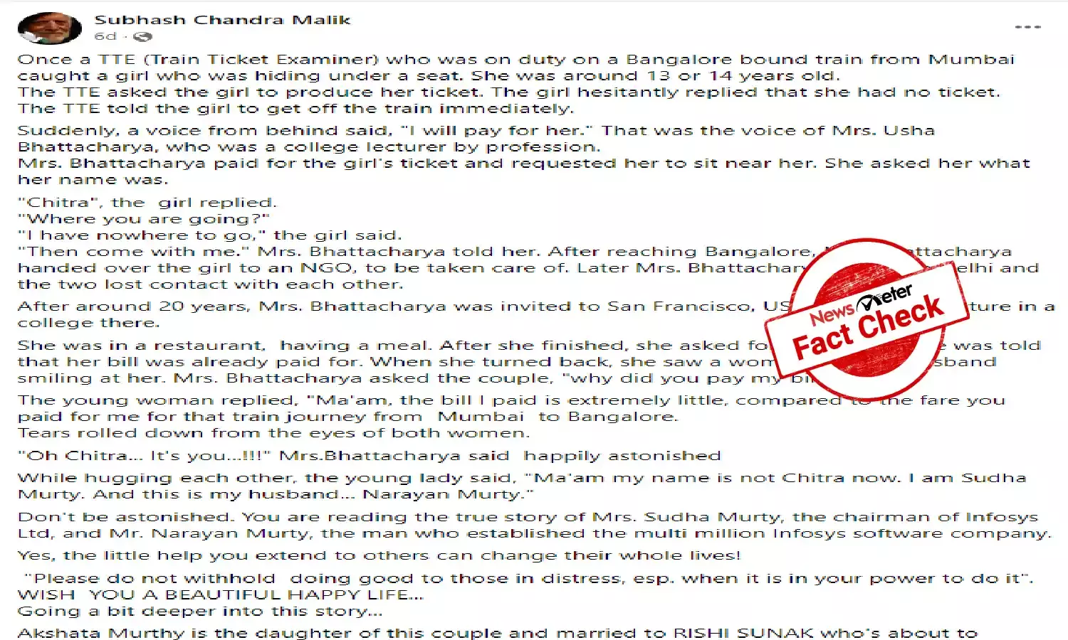 This story about a stranger helping a young Sudha Murty is not true