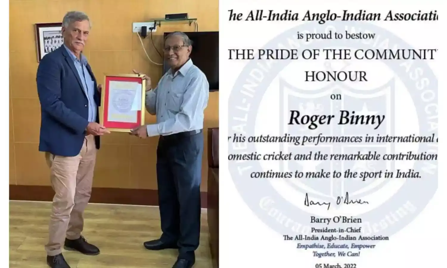 Anglo-Indian Association bestows `Pride of Community award to new BCCI czar Roger Binny