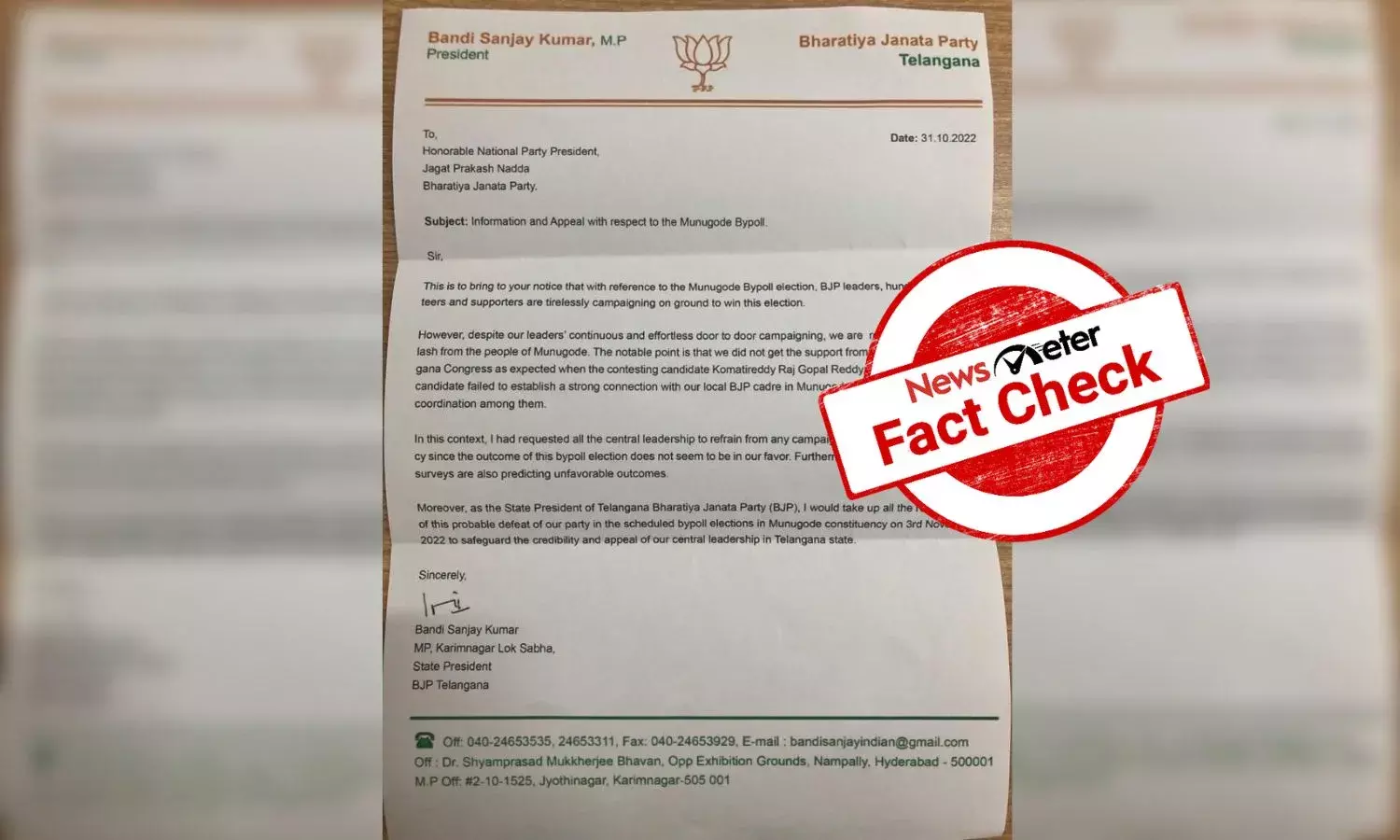 Bandi Sanjay did not say BJP is losing Munugode by-poll; viral letter is fake