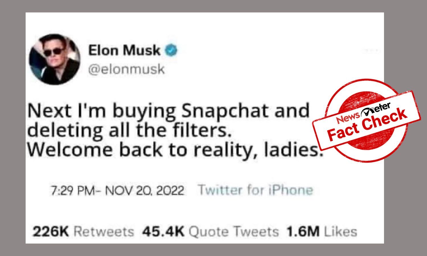 Screenshot of Elon Musk's tweet about buying Snapchat is fabricated