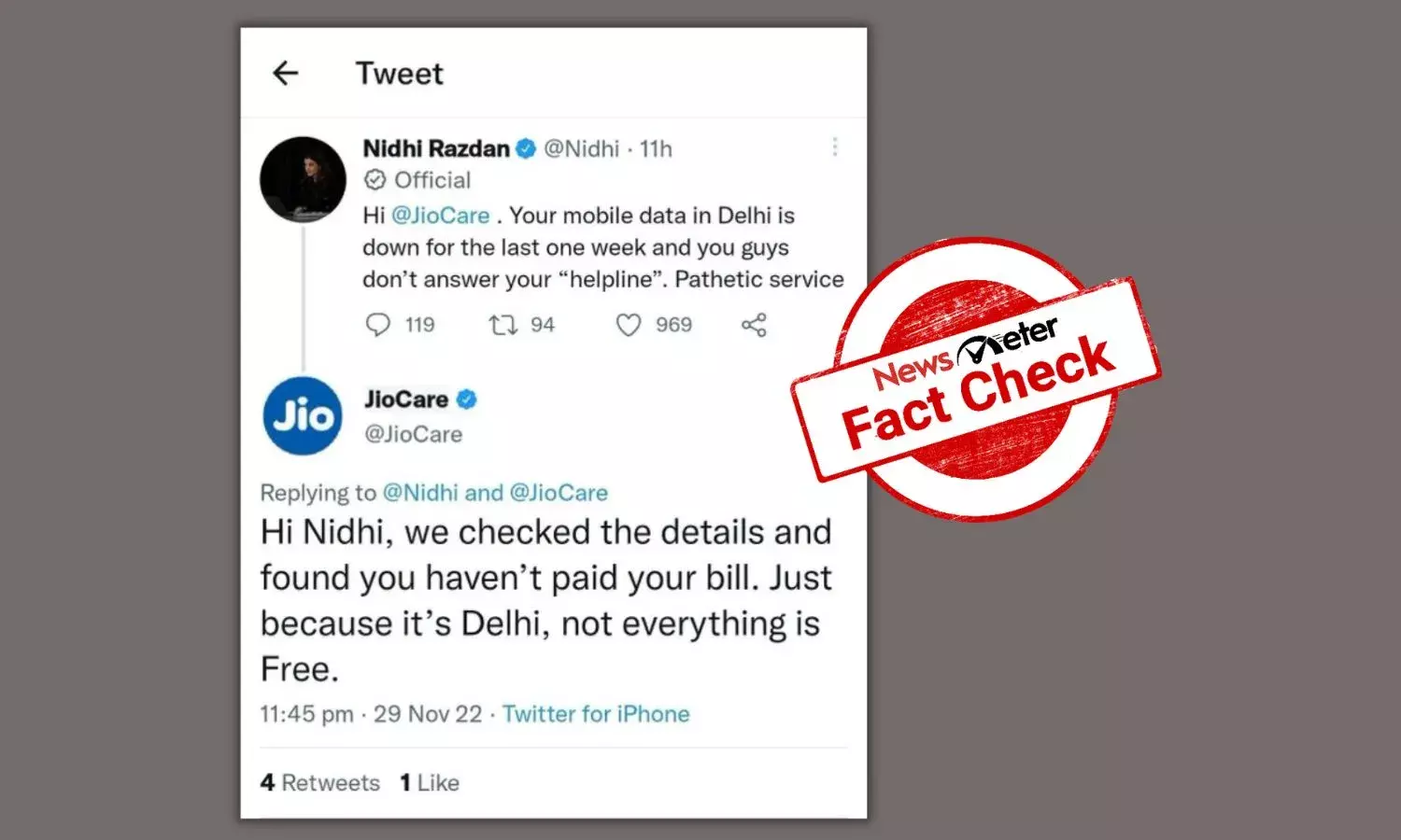 Jios tweet calling out Journalist Nidhi Razdan over unpaid bill is fabricated