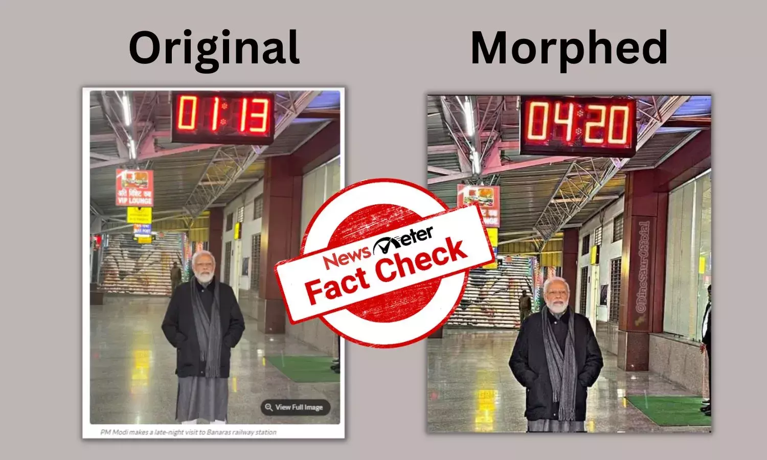 Morphed photo shows PM Modi standing below a clock that reads 4:20