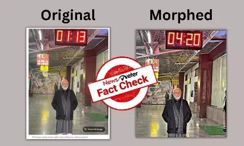 Morphed photo shows PM Modi standing below a clock that reads 4:20