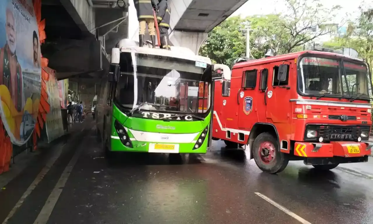 TSRTC electric airport bus catches fire, passengers escape