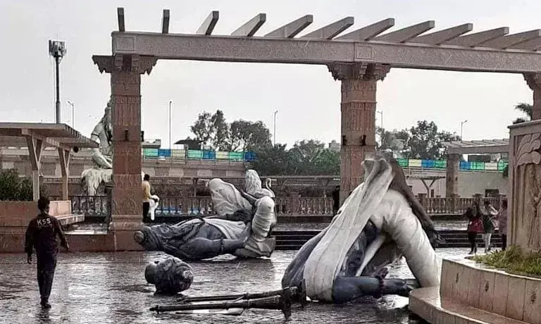 Six Saptarishi idols collapse at Ujjains Mahakal Lok corridor due to strong winds in MP.