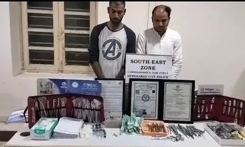 Hyderabad Police arrest fake dental surgeon and seize his chamber at Oxygen Dental Clinic.