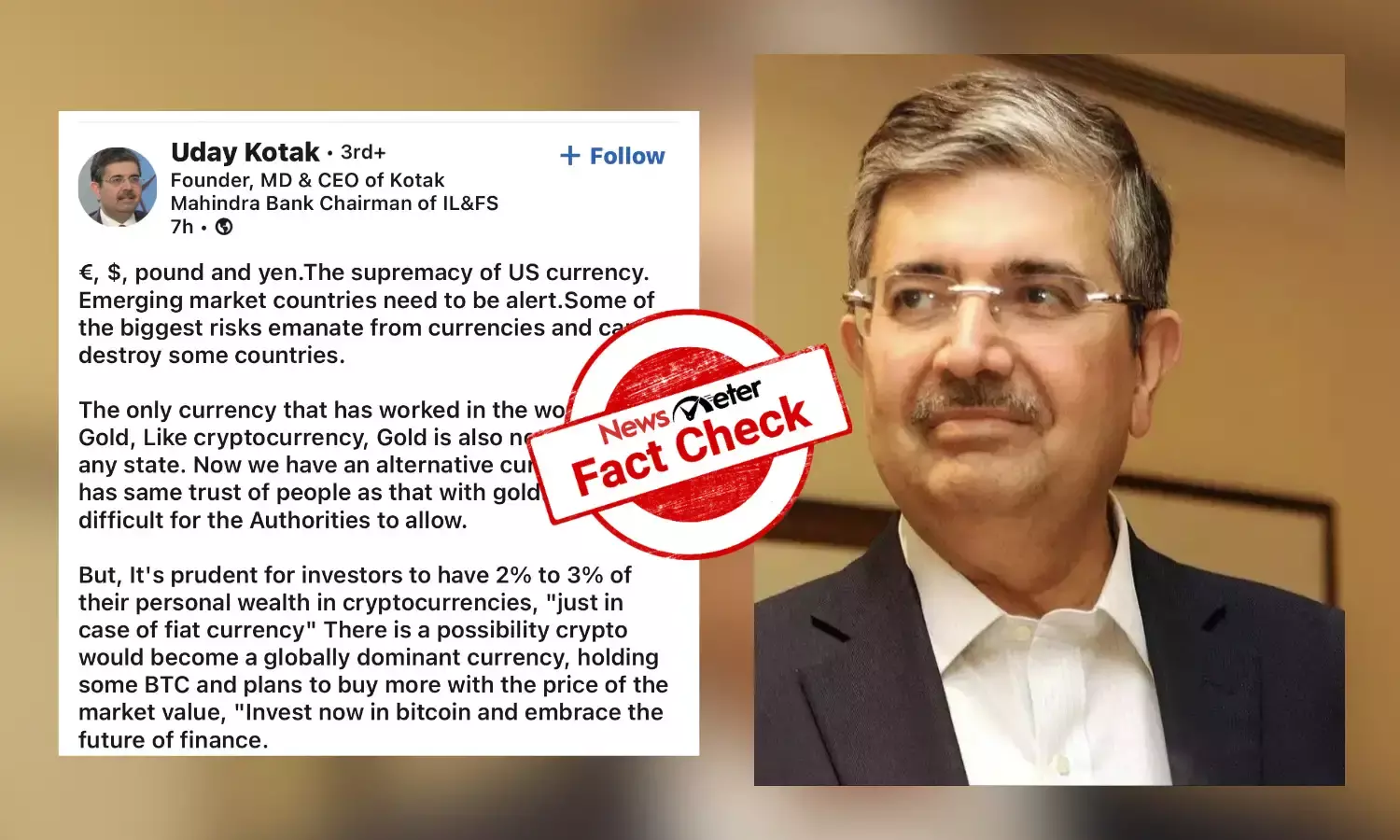 Fact Check: Uday Kotak’s LinkedIn account promoting Bitcoin is an imposter