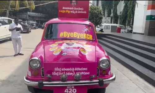 Congress punctures pink car, brands it symbol of BRS scams, corruption