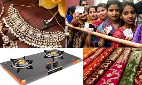 In order to woo women voters, the parties have prepared freebies exclusively catering to women, such as sewing machines, gas stoves, pressure cookers, lunch boxes, sarees and even imitation jewellery