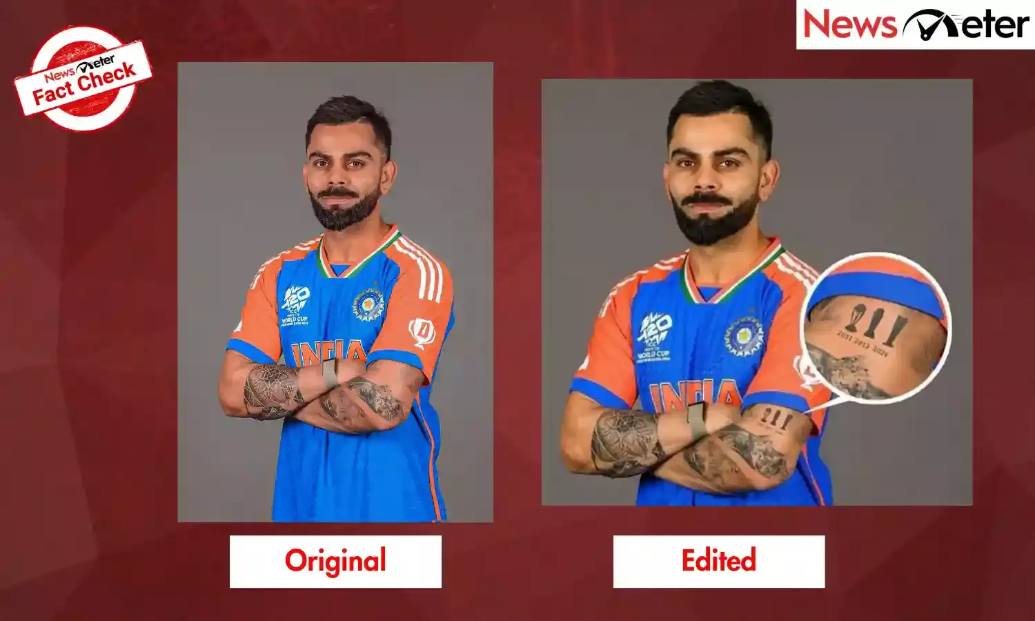 Fact Check: Photo of Virat Kohli flaunting tattoo of ICC trophies on his arm is edited